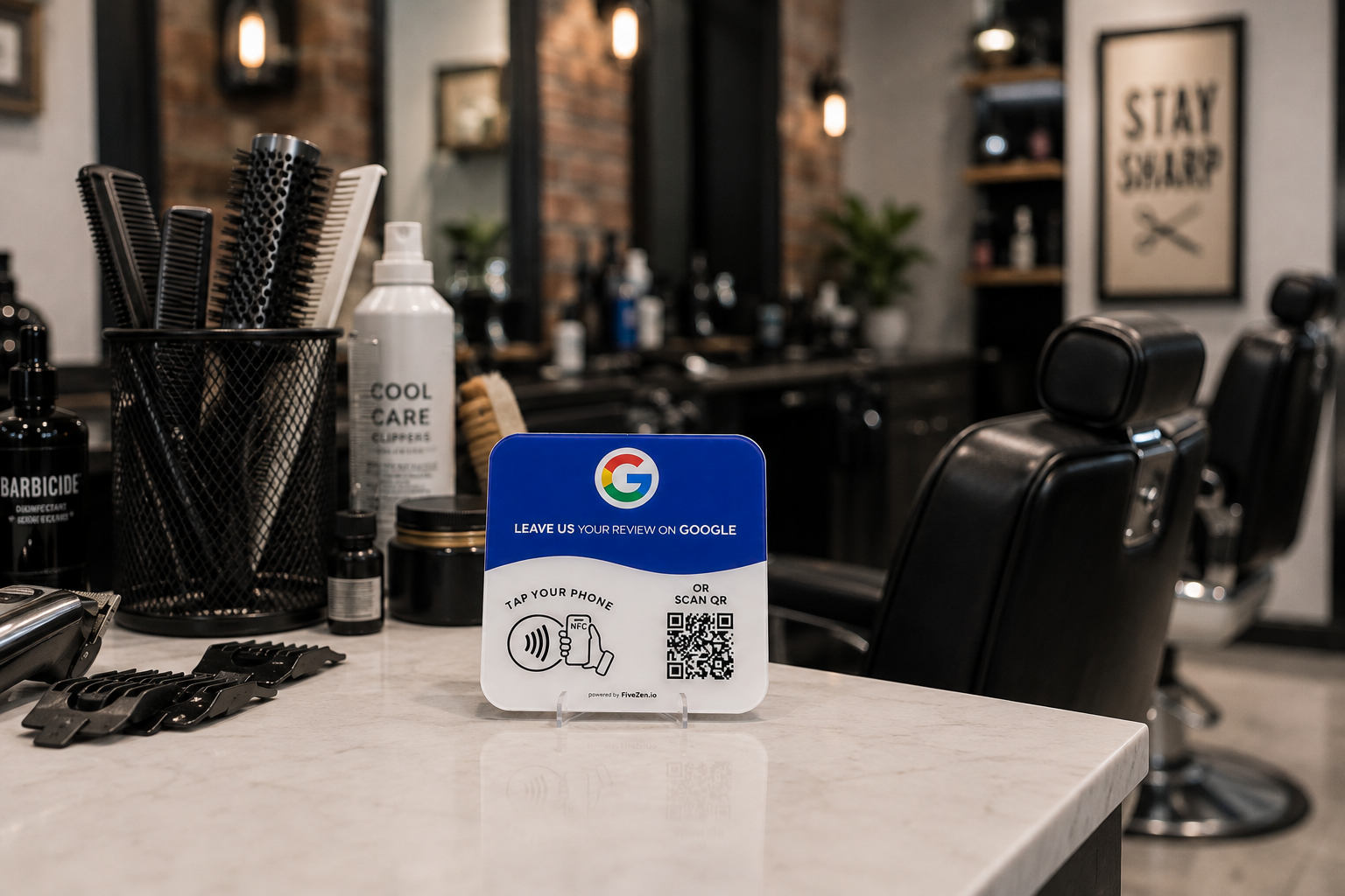 FiveZen review plate at a barbershop station